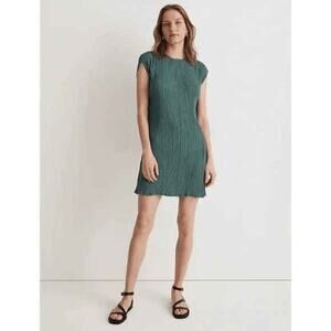 Madewell Spruce Green Cap Sleeve Plissé Mini Tee Dress Size 2 NWT